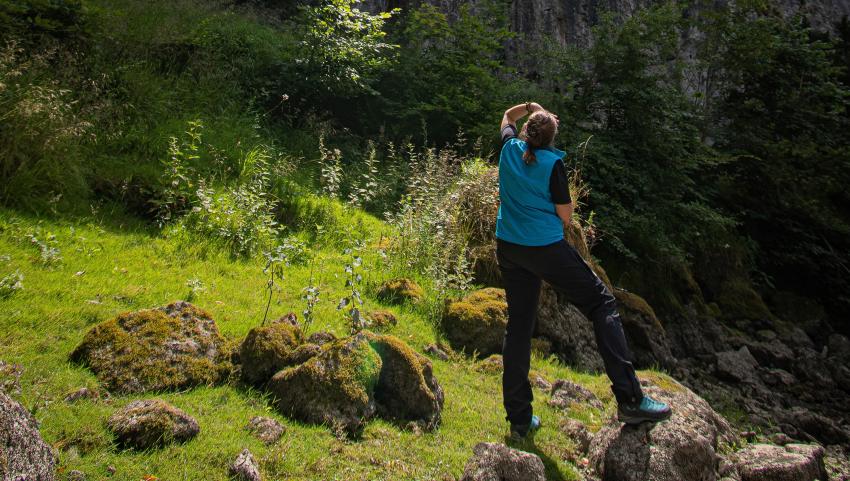 Naturtalent Franziska Jäger betrachtet die steilen Felswände im Nationalen Naturmonument Weltenburger Enge.