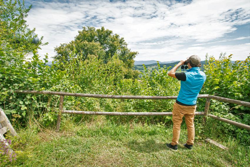 Naturtalent Julian Starzer betrachtet mit dem Fernglas die Landschaft im Landkreis Straubing-Bogen.