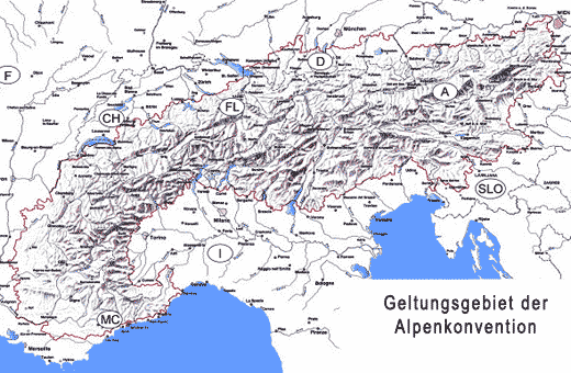 Karte der Länder, die sich an der Alpenkonvention beteiligen