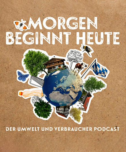 Logo des Umwelt und Verbraucher Podcast - eine Erdkugel mit Pflanzen, Fahnen und Gebäuden umringt