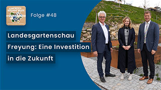 Das Bild zeigt Toni Scheuerlen mit Freyungs Bürgermeister Dr. Olaf Heinrich und den Geschäftsführer der Bayerischen Landesgartenschaugesellschaft Martin Richter-Liebald; Links oben ist das Logo der Podcastreihe zu sehen.