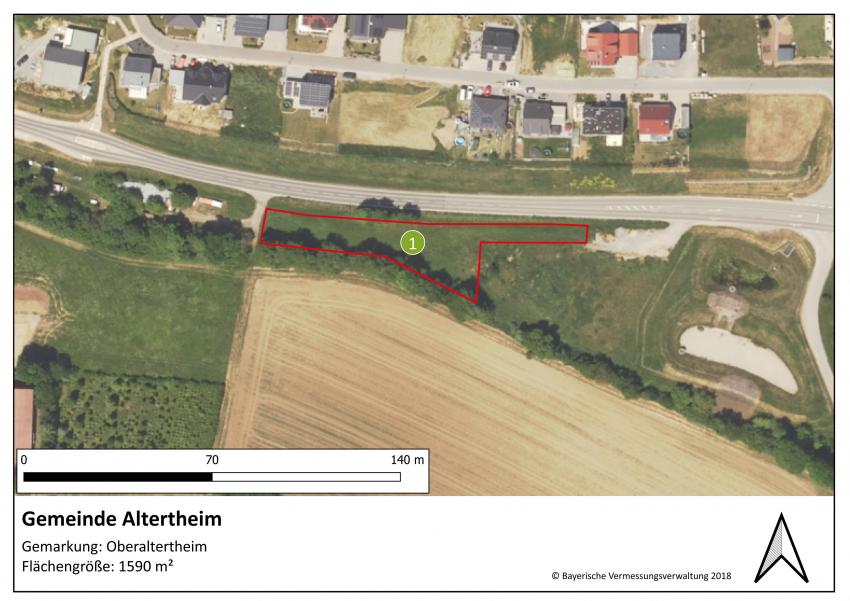 Lageplan der Projektfläche der Gemeinde Altertheim im Ortsteil Oberaltertheim mit einer Größe von 1590 m².