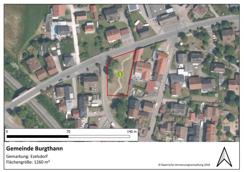 Lageplan der Projektfläche der Gemeinde Burgthann im Ortsteil Ezelsdorf mit einer Größe von 1260 m².