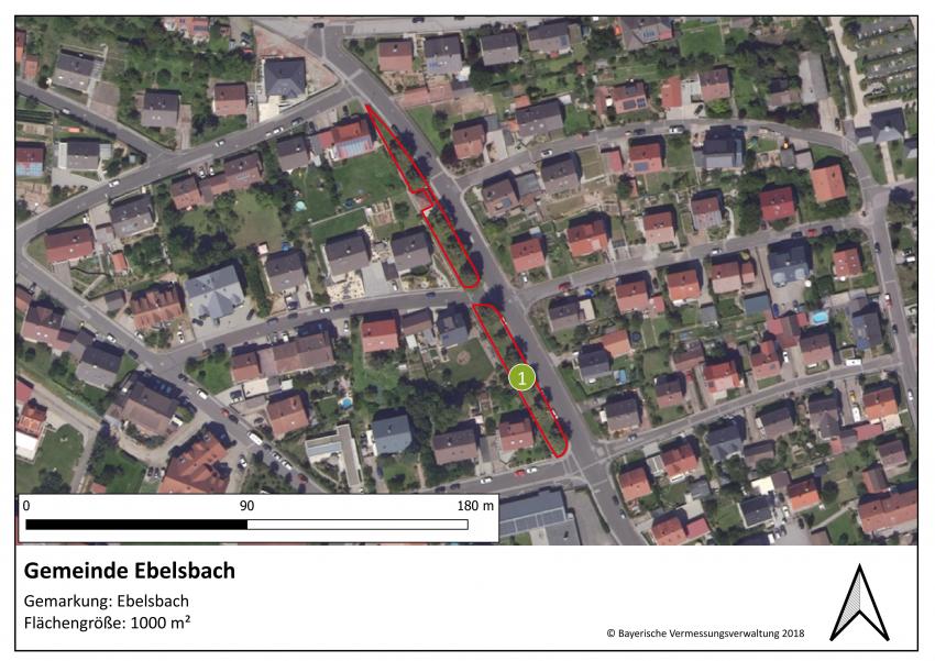Lageplan der Teilfläche 1 der Gemeinde Ebelsbach mit einer Größe von 1000 m².