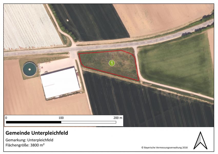 Lageplan der Projektfläche der Gemeinde Unterpleichfeld mit einer Größe von 3800 m².