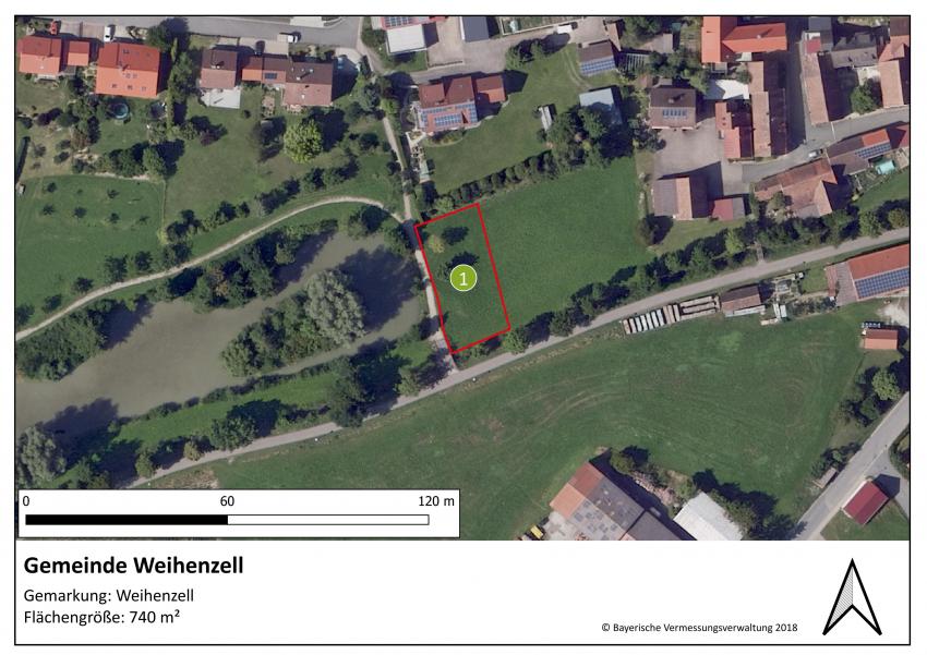 Lageplan der Teilfläche 1 der Gemeinde Weihenzell im Ortsteil Weihenzell mit einer Größe von 740 m².