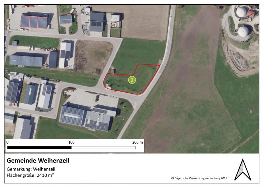Lageplan der Teilfläche 2 der Gemeinde Weihenzell im Ortsteil Weihenzell mit einer Größe von 2410 m². (Bilder zur Gehölzpflanzung folgen.)
