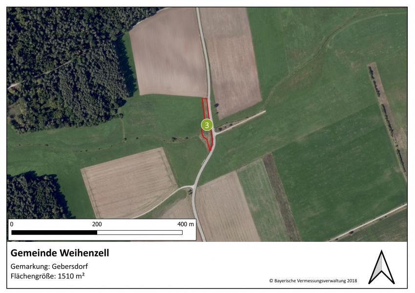 Lageplan der Teilfläche 3 der Gemeinde Weihenzell im Ortsteil Gebersdorf mit einer Größe von 1510 m².