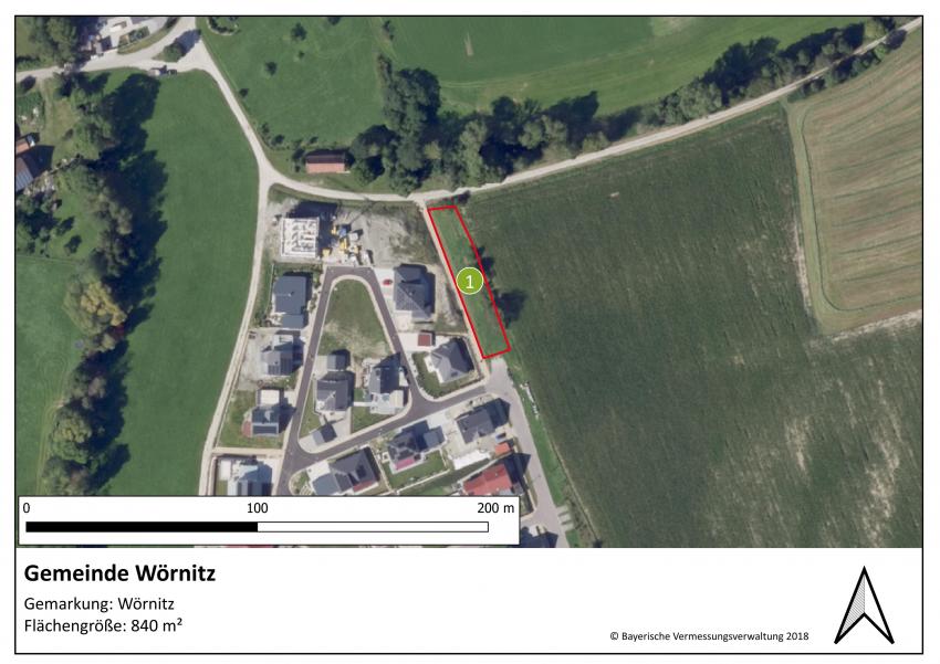 Lageplan der Teilfläche 1 der Gemeinde Wörnitz mit einer Größe von 840 m².
