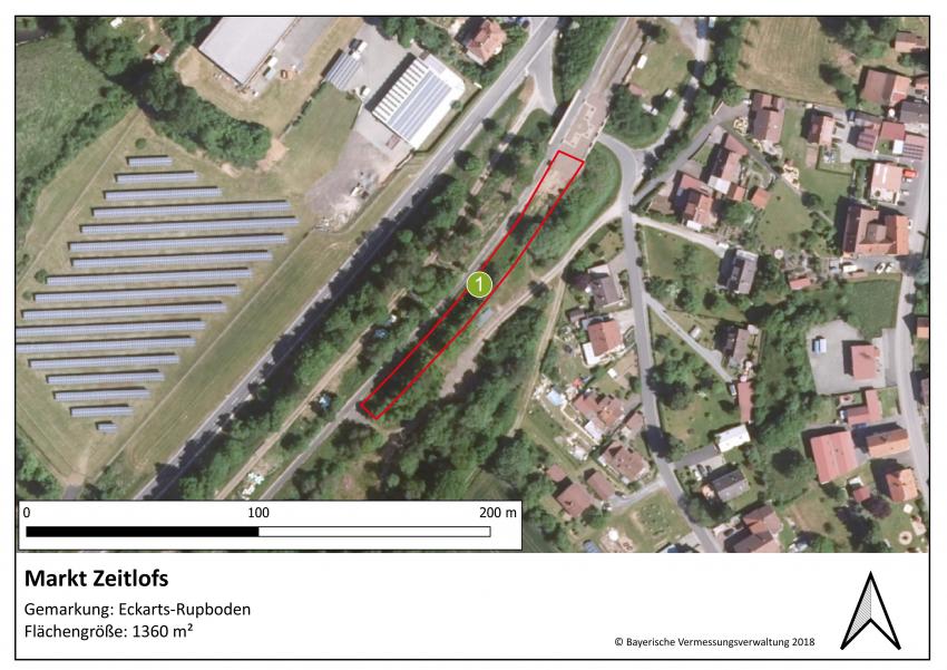 Lageplan der Teilfläche 1 im Ortsteil Eckarts-Rupboden des Marktes Zeitlofs mit einer Größe von1360 m².