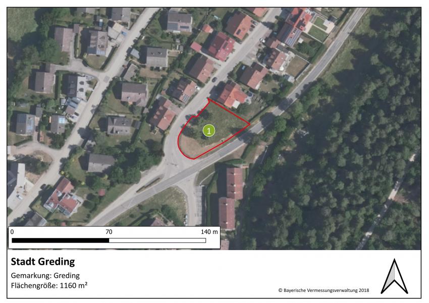 Lageplan der Teilfläche 1 der Stadt Greding mit einer Größe von 1160 m².