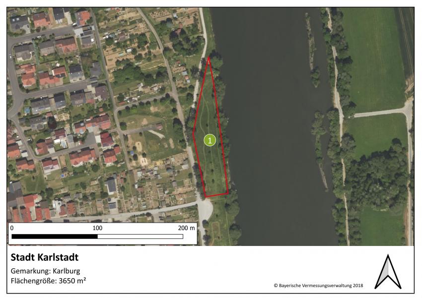 Lageplan der Teilfläche 1 im Ortsteil Karlburg der Stadt Karlstadt mit einer Größe von 3650 m².