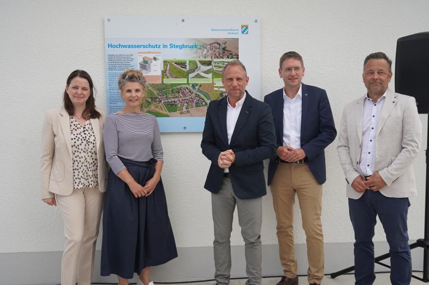 von links nach rechts: Dr. Kerstin Engelhardt-Blum, Regierungspräsidentin von Mittelfranken, Dorina Jechnerer, 1. Bürgermeisterin der Stadt Herrieden, Umweltminister Thorsten Glauber, Dr. Jürgen Ludwig, Landrat des Landkreises Ansbach und Thomas Keller, Leiter des Wasserwirtschaftsamt Ansbach