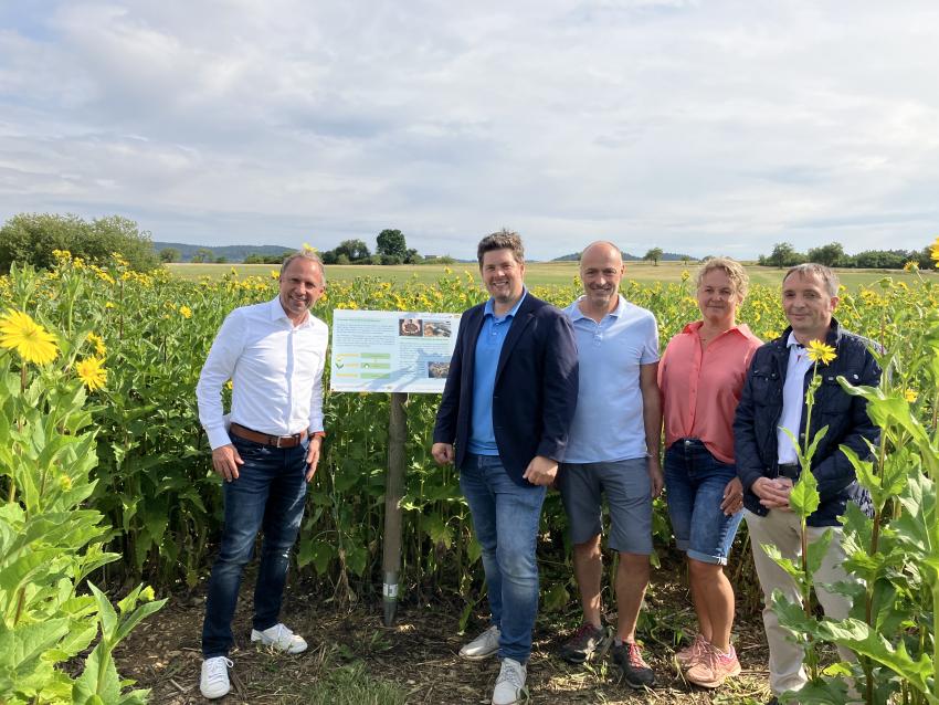 Das Foto zeigt links neben einer Informationstafel den bayerischen Umweltminister Thorsten Glauber und rechts Florian Questel (Bürgermeister der Gemeinde Ahorntal), Herr und Frau Orlet (Landwirte und Eigentümer des Silphie-Labyrinths) und Georg Röhm (stv. Landrat).
