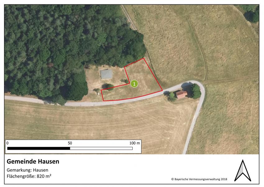 Lageplan der Teilfläche 1 der Gemeinde Hausen mit einer Größe von 820 m².