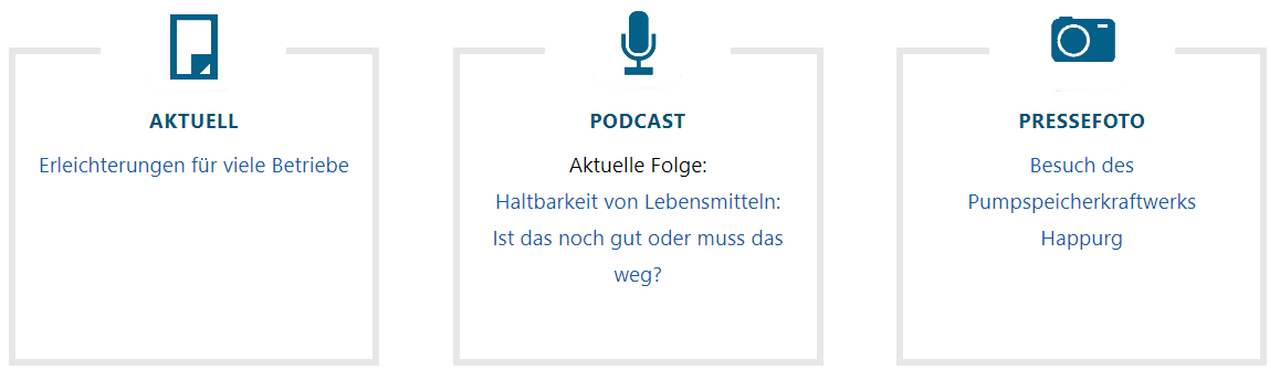 drei Boxen mit Informationen zu aktuellen Meldungen, Podcast-Folgen und Pressefotos