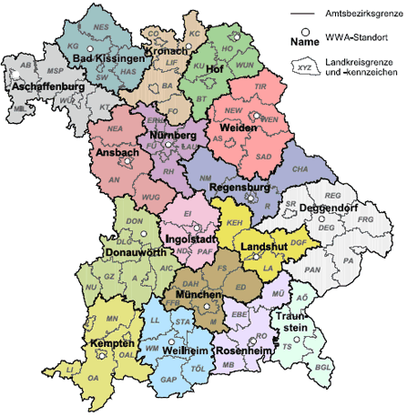 Bayernkarte: Übersicht über alle Wasserwirtschaftsämter - Liste im folgenden Text