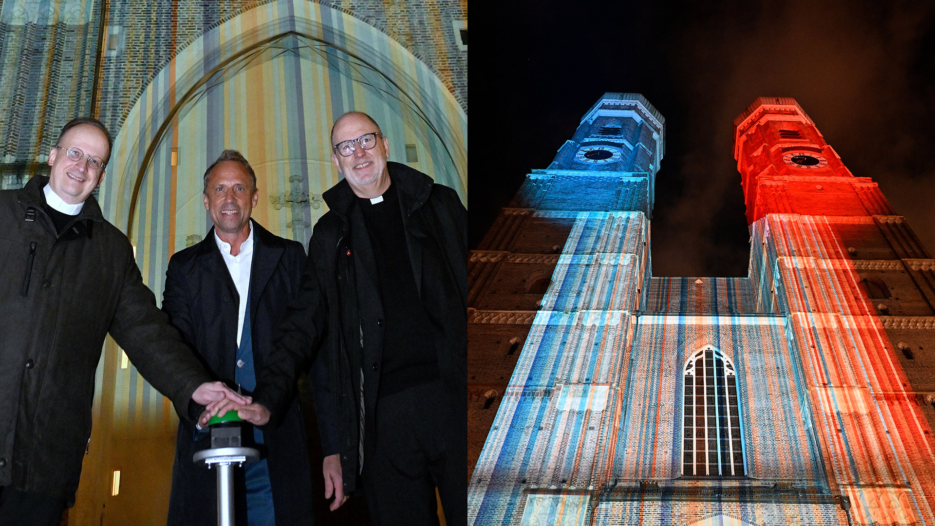 Die Münchner Frauenkirche erstrahlt in den Farben der Klimastreifen.