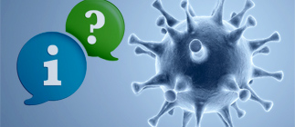 Das Bild zeigt einen Coronavirus, ein Fragezeichen und ein FAQ-Symbol