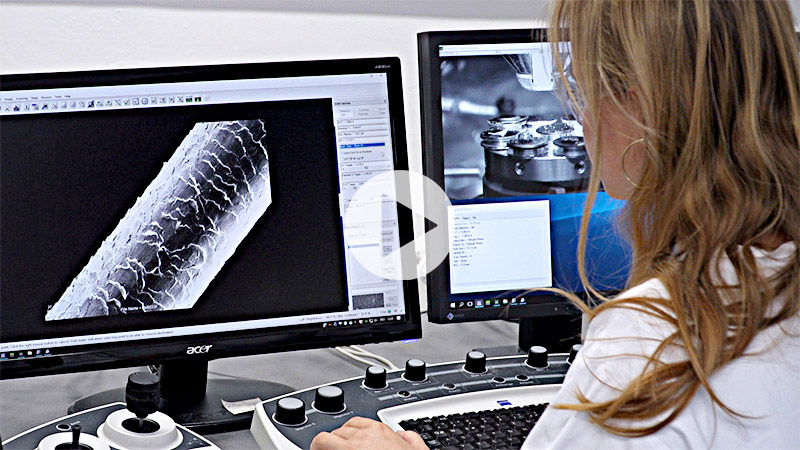 Das Bild zeigt eine Schülerin, die auf einem Bildschirm die Elektronenmikroskopaufnahme eines menschlichen Haares betrachtet