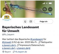 Ein Screenshot des LfU-Twitteraccounts zeigt als Foto eine Libelle und darunter den Namen der Behörde und des Twitteraccounts.