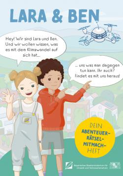 Werbebanner für KInderheft mit der grafischen Darstellung des Mädchens Lara und des Buben Ben, die sich mit einer Sprechblase vorstelllen.