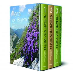 Vier Bände, durchnummertiert von eins bis vier, stecken in einer Kartonage, die vorne lila Blumen an einem steilen Berghang zeigen, im Hintergrund sind Berggipfel zu erkennen.