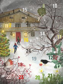 Gezeichnete Grafik zeigt das Bild eines Bauernhauses mit winterlicher Umgebung in der einige Menschen, Tiere und Pflanzen zu sehen sind.