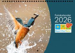 Cover des Fotokalenders 2026 zeigt einen Eisvogel, der aus dem Wasser aufsteigt mit einem kleinen Fisch im Schnabel.