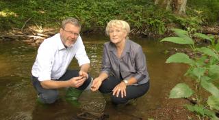Umweltminister Dr. Marcel Huber und die Präsidentin des Bundesamts für Naturschutz, Prof. Dr. Beate Jessel setzen Flussperlmuscheln in der Kleinen Ohe in Niederbayern aus.