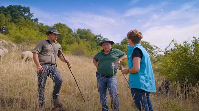 Externer Link zum Youtubevideo Vertragsnaturschutz - Das Bild zeigt eine Mitarbeiterin der Naturschutzverwaltung mit zwei Landwirten