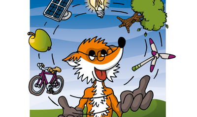 Comiczeichnung eines Fuchses, der mit einem Fahrrad, Apfel, Solarzelle, Glühbirne, Baum und Windrad jongliert