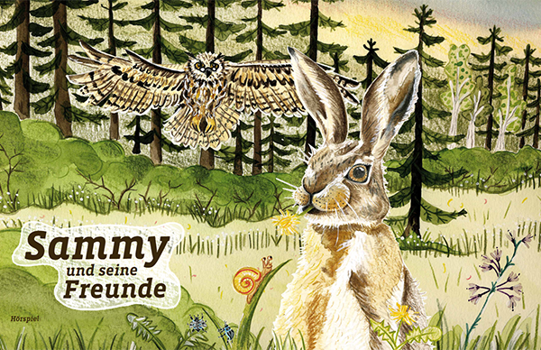 Hase Sammy und ein Uhu mit Bäumen im Hintergrund Hase Sammy und ein Uhu mit Bäumen im Hintergrund