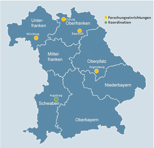 Karte Bayerns mit den Umrissen der Regierungsbezirke. Darauf markiert sind die Standorte der Forschungseinrich-tungen, die am Projekt beteiligt sind