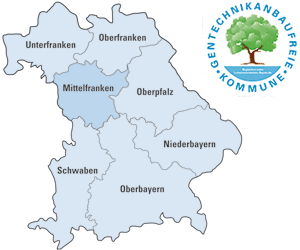 Übersichtskarte von Bayern mit Logo "Gentechnikanbaufreie Kommune"