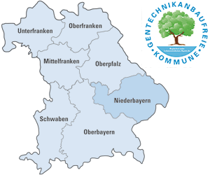 Übersichtskarte von Bayern mit Logo "Gentechnikanbaufreie Kommune"