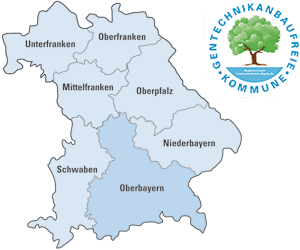 Übersichtskarte von Bayern mit Logo "Gentechnikanbaufreie Kommune"