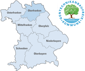 Übersichtskarte von Bayern mit Logo "Gentechnikanbaufreie Kommune"