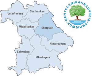 Übersichtskarte von Bayern mit Logo "Gentechnikanbaufreie Kommune"