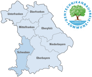 Übersichtskarte von Bayern mit Logo "Gentechnikanbaufreie Kommune"
