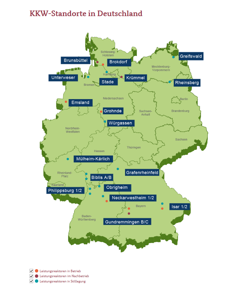 Karte der Kernkraftwerken Standorte in Deutschland