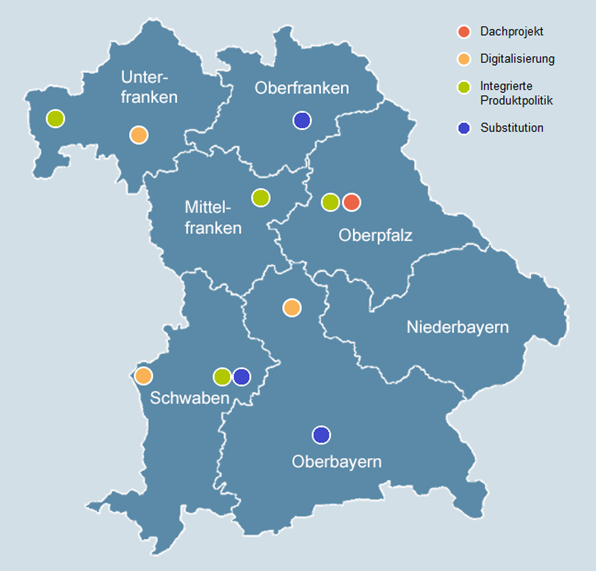 Das Bild zeigt eine Bayernkarte, auf der die Standorte der Forcycle-Projekte verankert sind. Die einzelnen Projekte werden im nachfolgenden Text beschrieben