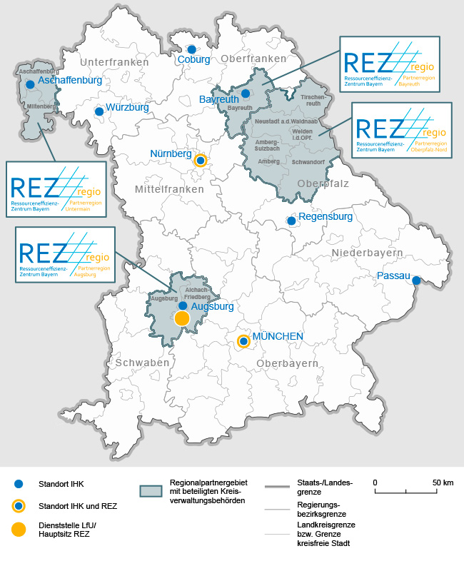 Übersichtskarte von Bayern mit den Standorten der Projektteilnehmer