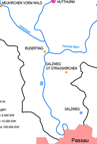 Karte vergrößert sich per Mausklick - Übersichtskarte über, die an den Sonderprogrammen zur Verbesserung der hygienischen Wasserqualität im Einzugsgebiet der Ilz zwischen dem Nationalpark Bayerischer Wald und der Stadt Passau (die Karte zeigt die Kläranlagen in der Nähe der Städte Neukirchen vorm Wald, Hutthurm, Ruderting, Salzweg, Passau)